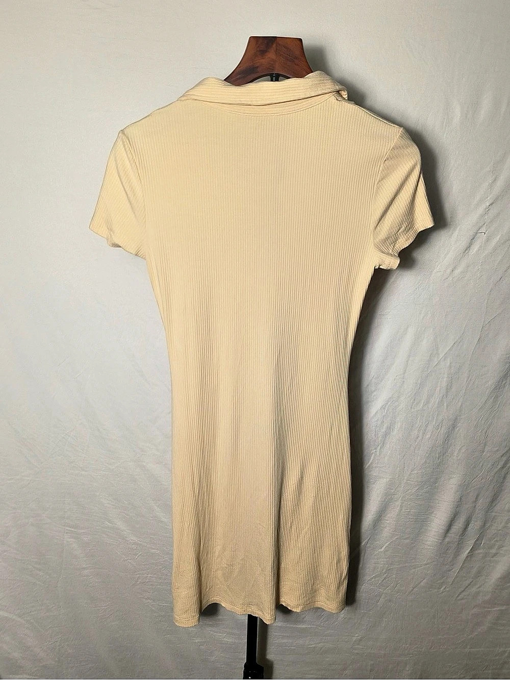Love Tree M Cream Ribbed Ruched Button Front Bodycon Mini Dress - Picture 2 of 5